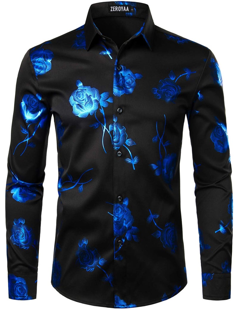 ZEROYAA Mens Hipster 3D Rose Deign Slim Fit Long Sleeve Button Up Dress Shirts ZZCL22 Black Royal Blue X-Large - Image 1